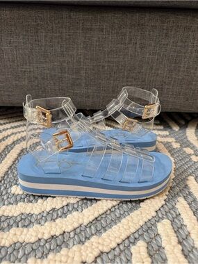 Jessica Simpson Bimala Clear Platform Sandals Blue White Stripe Jelly Sandals